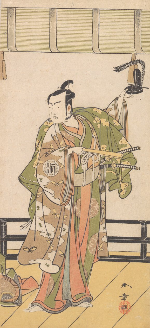 Arashi Sangoro samuraina, joka seisoo suuren talon verannalla, 1774 tai 1775. tekijältä Shunsho