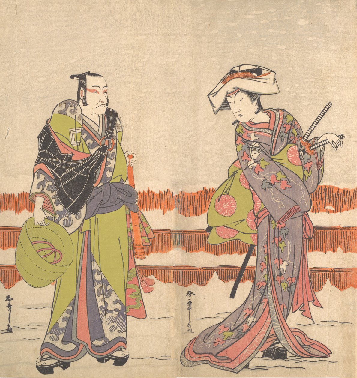Ichikawa Danjuro viides komusona pitelee korihattua oikeassa kädessään, n. 1775. tekijältä Shunsho