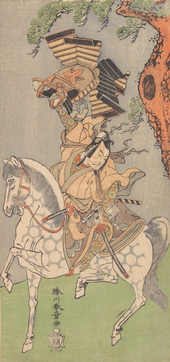 Ichikawa Danjuro V soturina täplänharmaalla hevosella, 1771. tekijältä Shunsho