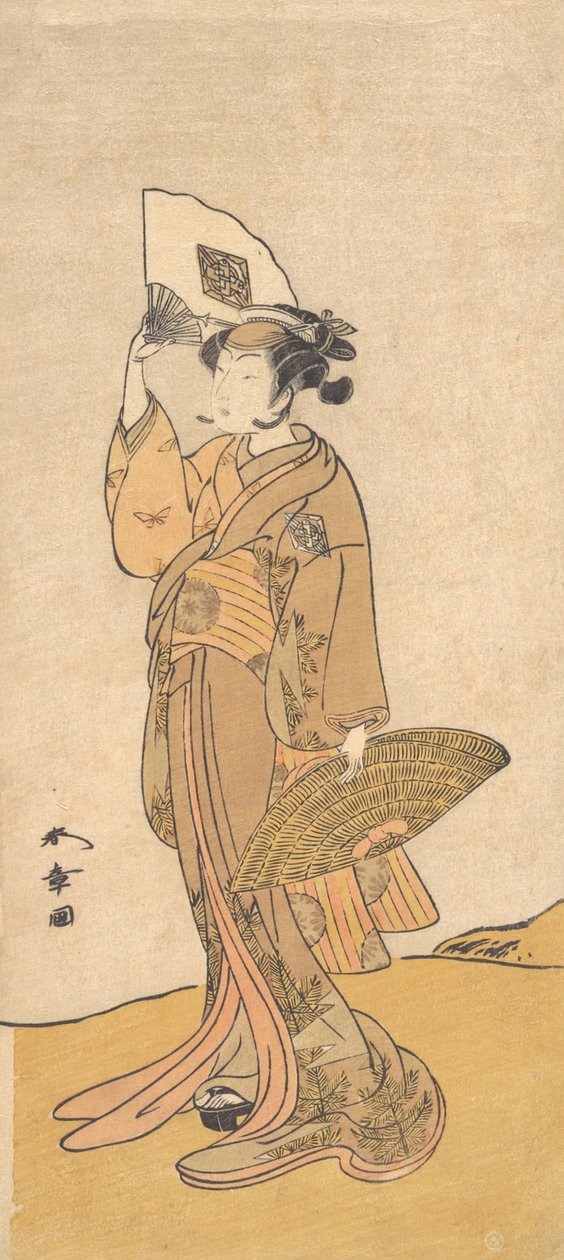 Nakamura Matsue II naisena seisovana kukkulalla, 1773. tekijältä Shunsho