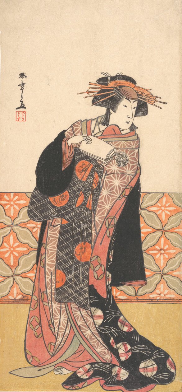 Nakamura Riko rikkaasti pukeutuneena kurtisaanina seisomassa huoneessa, n. 1778. tekijältä Shunsho