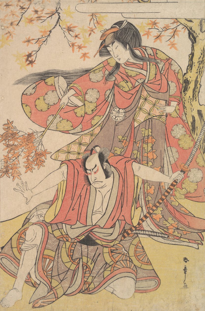 Segawa Kikunojo III naisena seisovana vaahteran alla syksyllä, n. 1778, n. 1778. tekijältä Shunsho