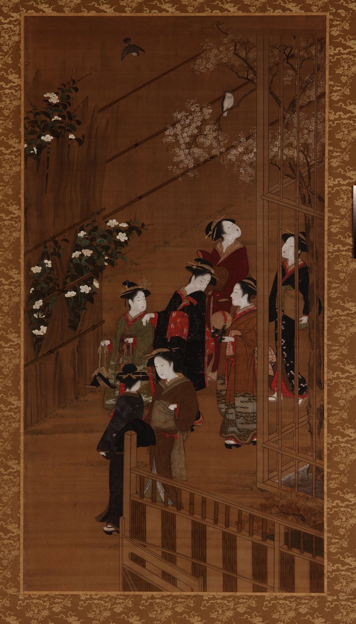 Seitsemän naista kävelemässä jalkapallokentän lähellä, Edo-kausi, 1700-luvun puoliväli. tekijältä Shunsho
