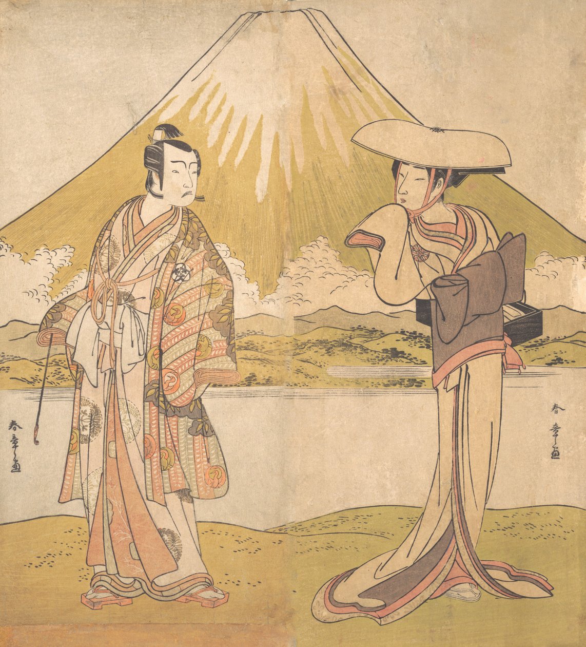 Näyttelijä Bando Mitsugoro miehenä ylellisessä asussa, seisomassa pellolla..., n. 1778. tekijältä Shunsho