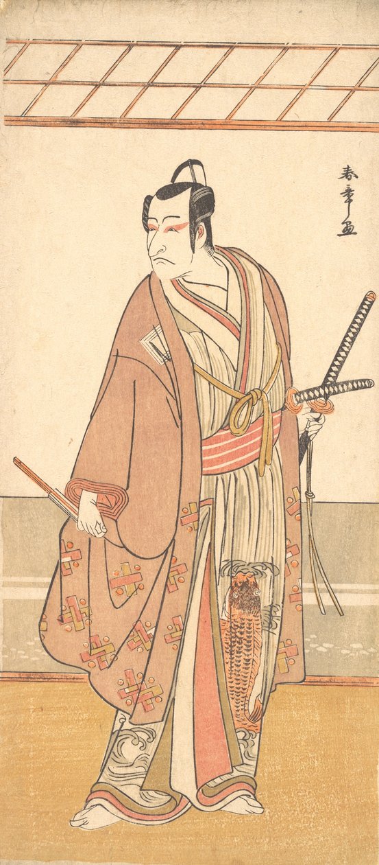 Näyttelijä Ichikawa Danjuro V samuraina pukeutuneena purppuraiseen haoritakkiin, n. 1778. tekijältä Shunsho