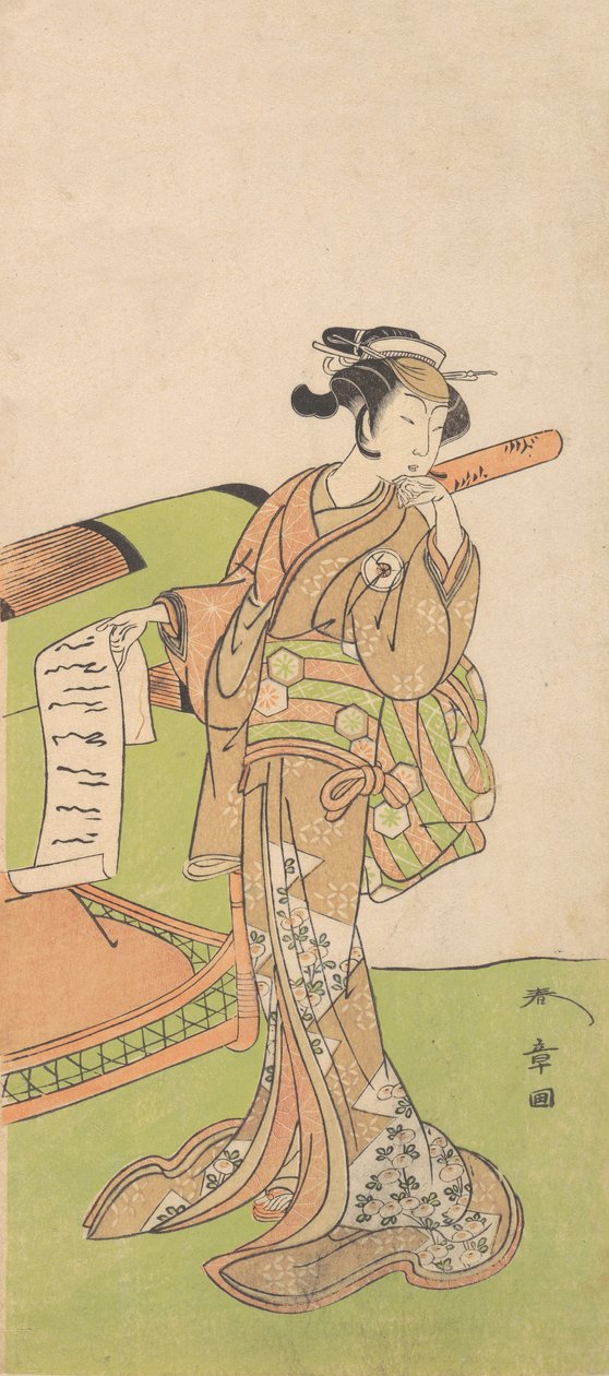 Näyttelijä Iwai Hanshiro IV naisroolissa, seisomassa pentueen vieressä, 1726-1792. tekijältä Shunsho