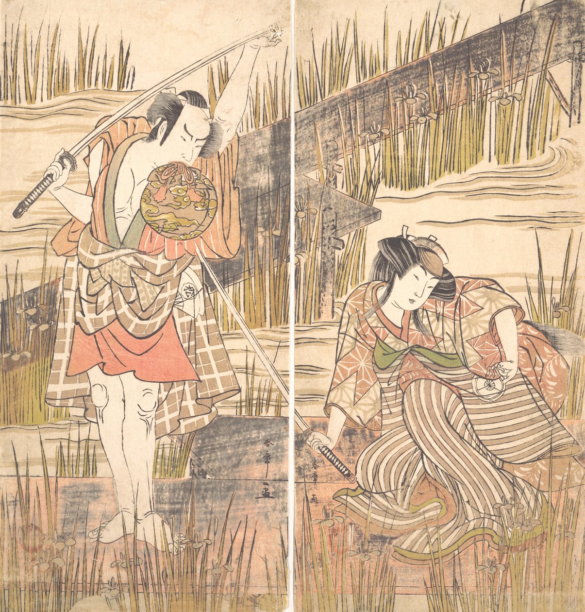Näyttelijä Onoye Matsusuke miekalla päänsä yläpuolella molemmin käsin, n. 1778. tekijältä Shunsho