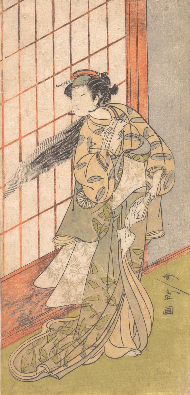 Ensimmäinen Nakamura Tomijuro vihaisena naisena seisomassa huoneessa, 1772 tai 1773. tekijältä Shunsho