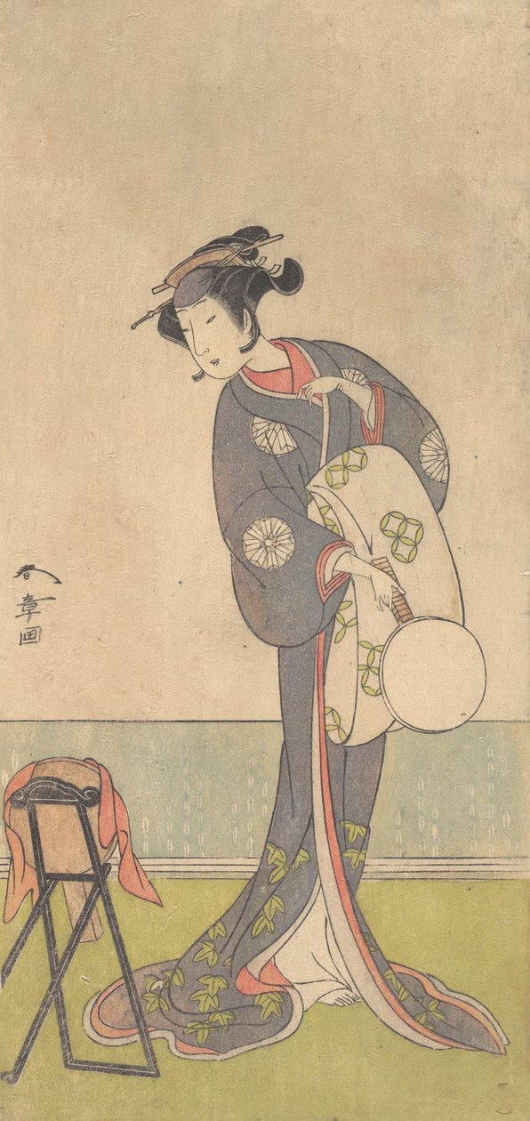 Ensimmäinen Nakamura Tomijuro oiranina seisovana huoneessa, 1771. tekijältä Shunsho