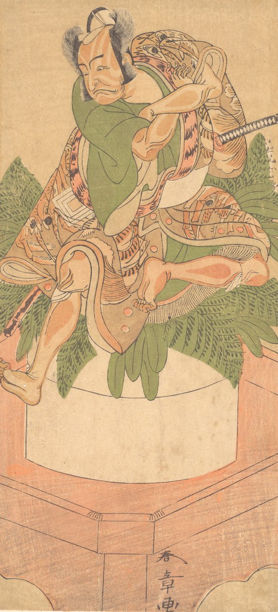 Neljäs Ichikawa Danjuro Yakko-palvelijana, joka istui Suuren Mochi-kakun päällä..., 1772. tekijältä Shunsho