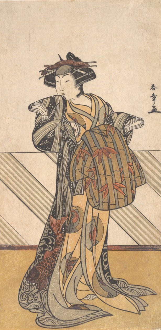 Neljäs Iwai Hanshiro vaaleanpunaiseen kimonoon pukeutuneena kurtisaanina, n. 1778. tekijältä Shunsho