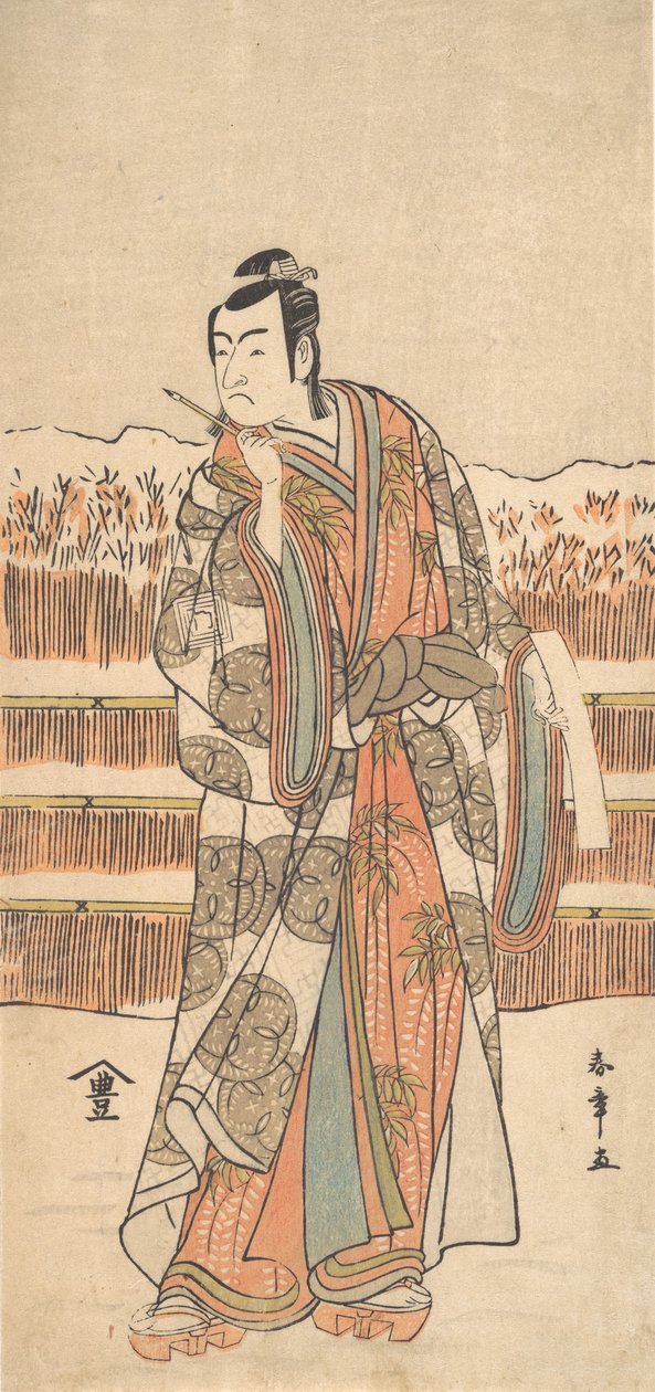Toinen Ichikawa Monnosuke korkea-arvoisena miehenä seisovana lumessa, n. 1786-87. tekijältä Shunsho