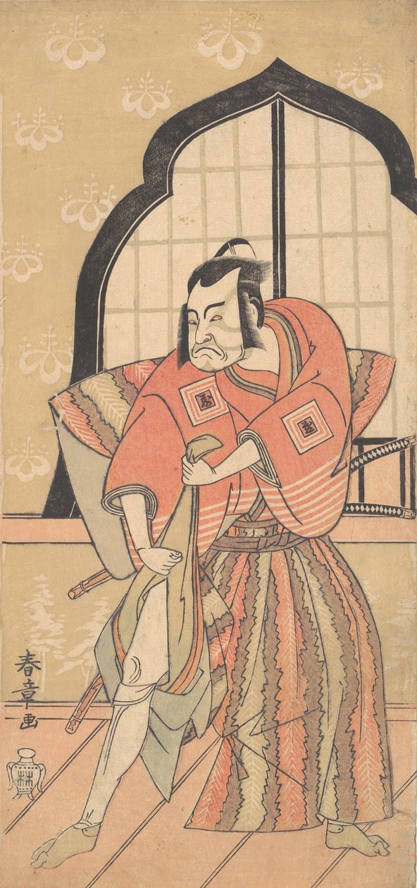 Kolmas Ichikawa Danzo seremonialliseen kamishimoon pukeutuneena samuraina, 1769 tai tekijältä Shunsho