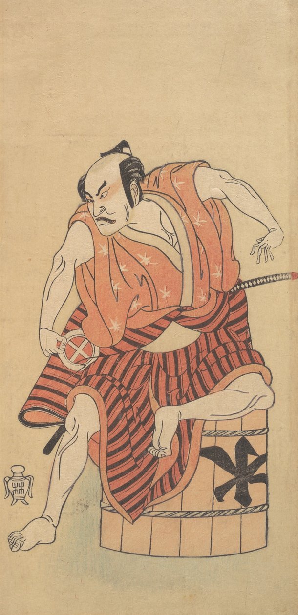 Kolmas Otani Hiroemon Otokodatena, joka istuu ylösalaisin käännetyllä kylpyammeella, 1768 tai 1769. tekijältä Shunsho