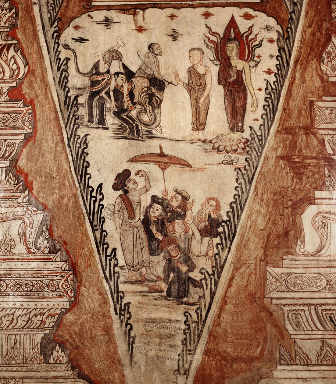 Yksityiskohta seinämaalauksesta - Buddha hämmentää harhaoppisia, 1734 tekijältä Siamese School