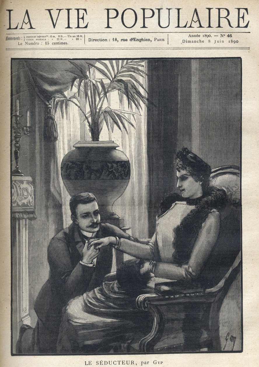 Mies polvillaan pitää tyylikkään naisen kädestä, istuu porvarillisessa olohuoneessa, päällään takki, hiha ja turkishuivi. Kuvitus Le Seducteur par Gyp (Sibylle Gabrielle Marie Antoinette Riquetti de Mirabeau, Martel d:n kreivitär) tekijältä Sibylle Gabrielle de Riquetti de Mirabeau