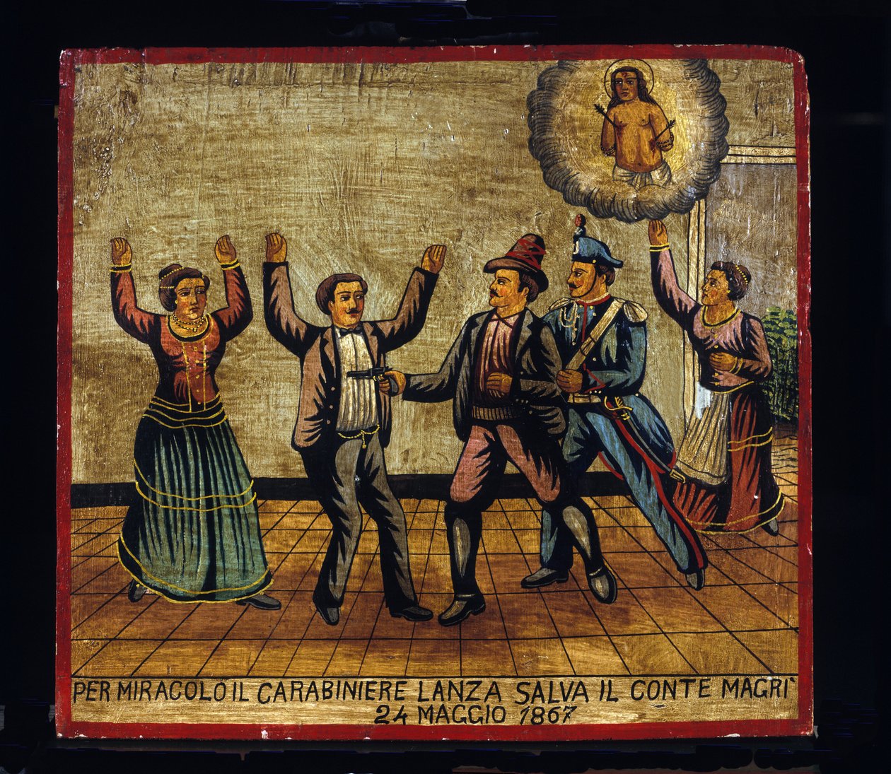 Ex-voto (ex voto) sisilialainen: "" Ihmeen kautta Carabinier Lanza pelasti kreivi Magrin 24.5.1867"". Kuvaus prikaatista (Brigantaggio): rosvo hyökkää pistoolinsa kimppuun Magri-pariskuntaan, kun taas karabiini yllättää hänet takaapäin. . tekijältä Sicilian School