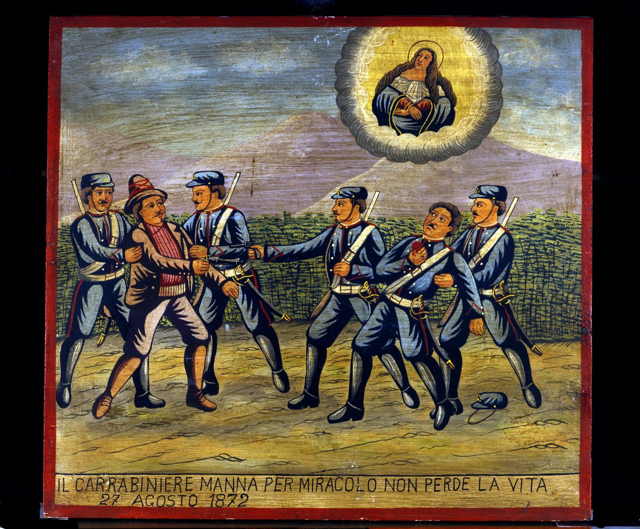 Ex-voto (ex voto) sisilialainen: "" Karabiini Manna ei ihmeen kautta menetä henkeään 27.8.1872"". Prikaatin esitys (Brigantaggio): Ryöstäjä ampui Carabinier Mannaa, kun toinen karabinieri pysäytti hänet. . tekijältä Sicilian School