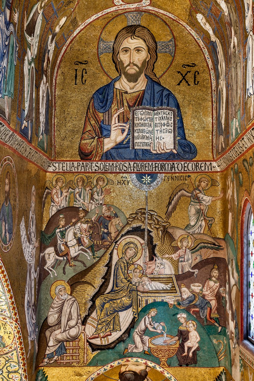 Palatinuksen kappeli (basilika), eteläinen apsidi tai Pyhän Paavalin "absidiola", mosaiikit: "Christ Pantocrator" ja "Nativity", XII vuosisata tekijältä Sicilian School