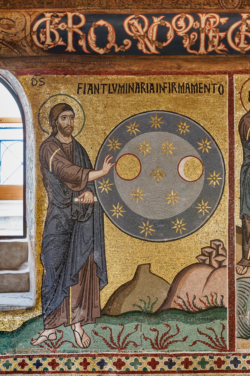 Palatinuksen kappeli (basilika), mosaiikkisykli Vanhasta testamentista, luomisjakso: "Tähtien luominen", XII vuosisata tekijältä Sicilian School