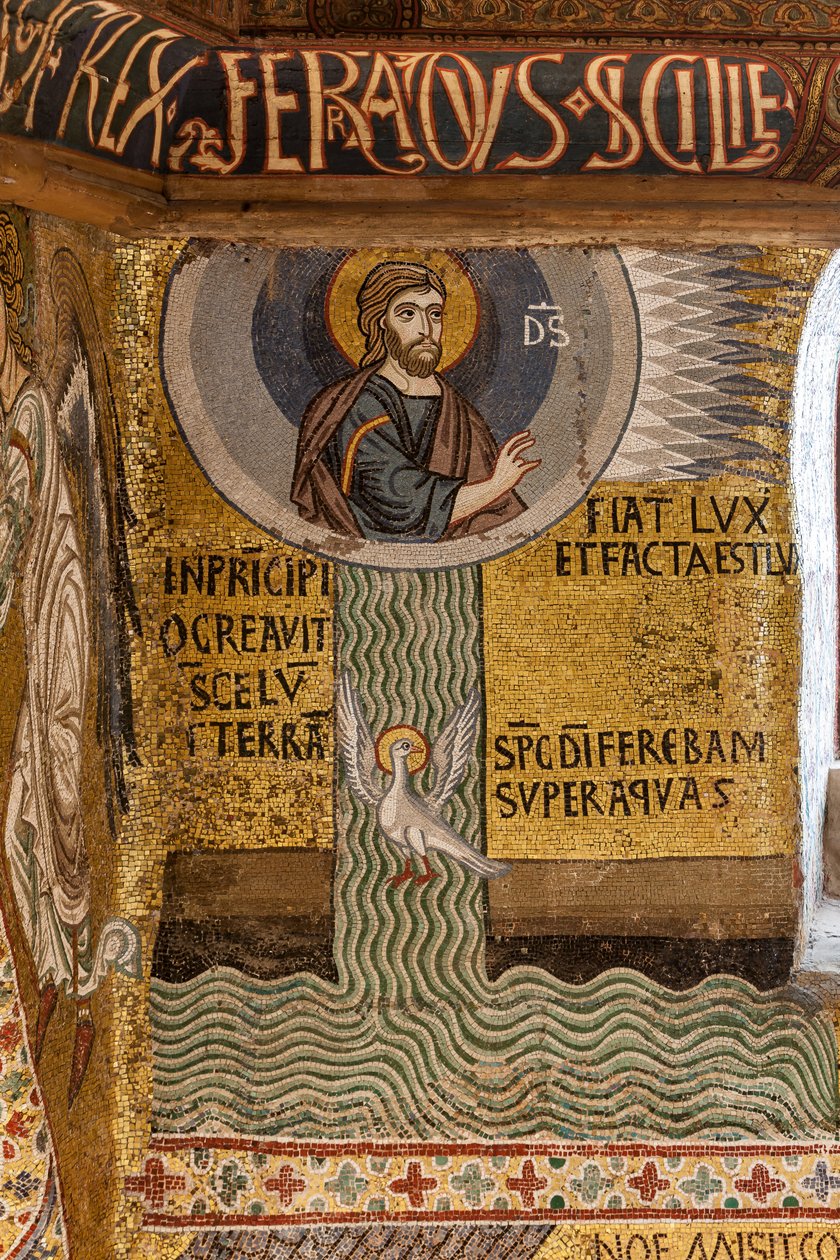 Palatinuksen kappeli (basilika), mosaiikkisykli Vanhasta testamentista, luomisjakso: "Fiat Lux Jumala luo valon ja jakaa vedet", XII vuosisata tekijältä Sicilian School
