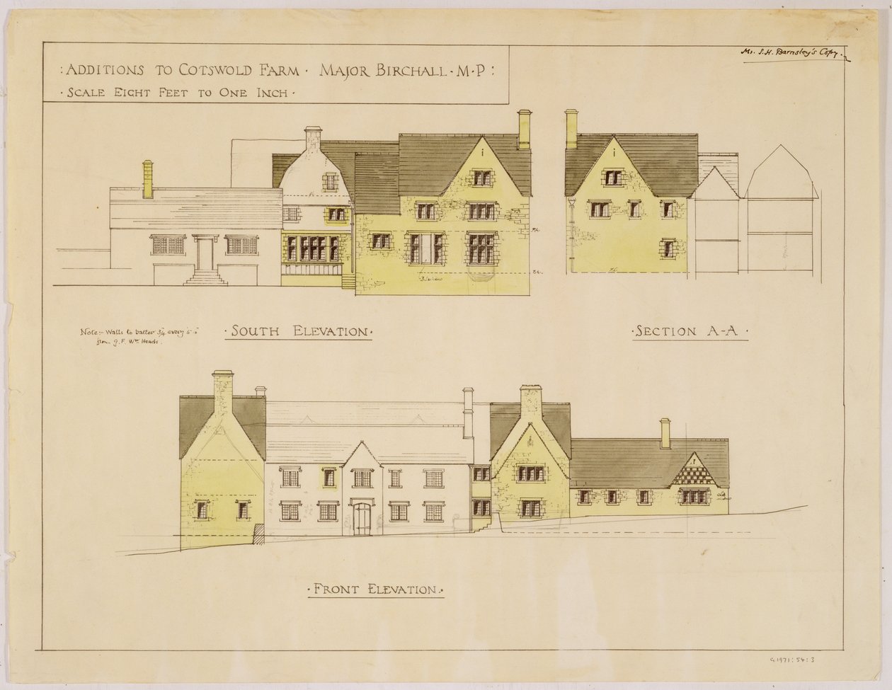 Lisäykset Cotswold Farmiin: etelä- ja etukorkeus, n. 1925 (tulostus ja wc paperilla) tekijältä Sidney Barnsley