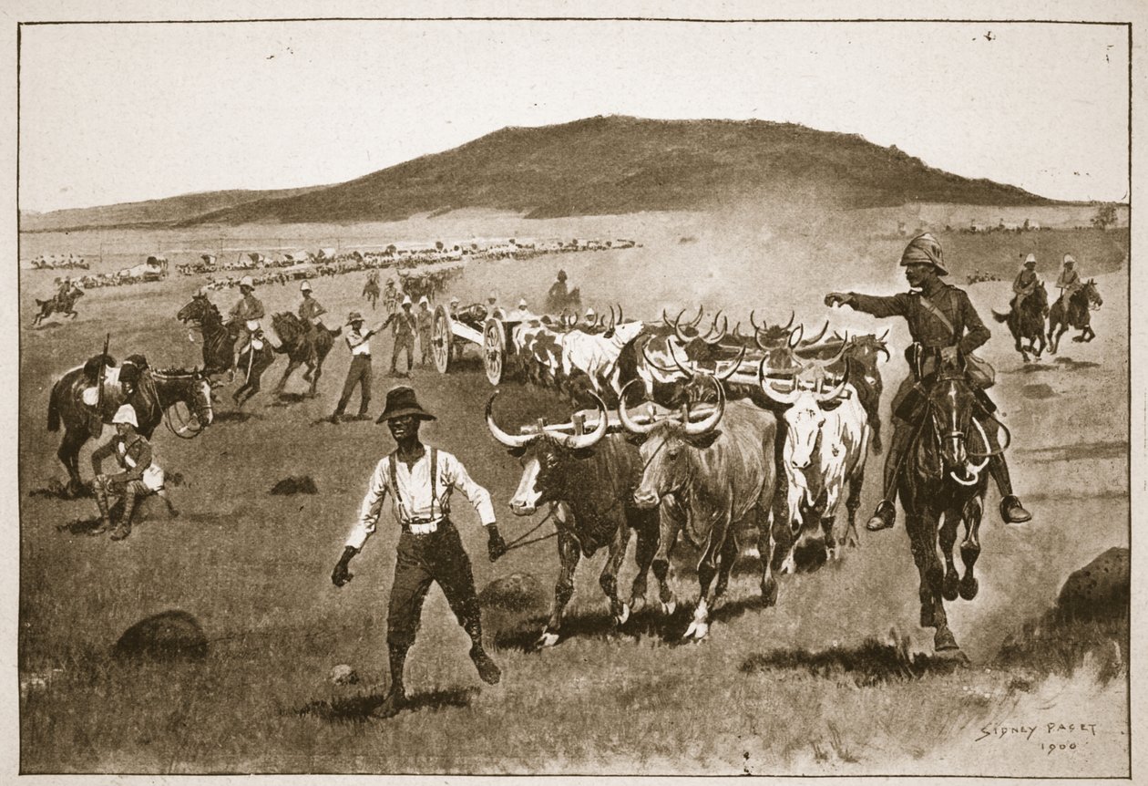 Viiden tuuman piiritysaseiden esille tuominen, kuva julkaisusta Battles of the Nineteenth Century, Vol. VI: Buurien sota 1899-1900, Archibald Forbes, G.A. Henty ja majuri Arthur Griffiths (väri litho tekijältä Sidney Paget