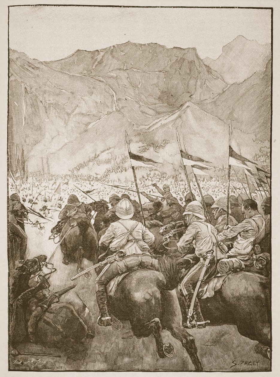 Eversti Cleland johti lanssejaan, piirros Archibald Forbes, G.A.:n teoksesta "Battles of the Nineteenth Century". Henty ja majuri Arthur Griffiths tekijältä Sidney Paget