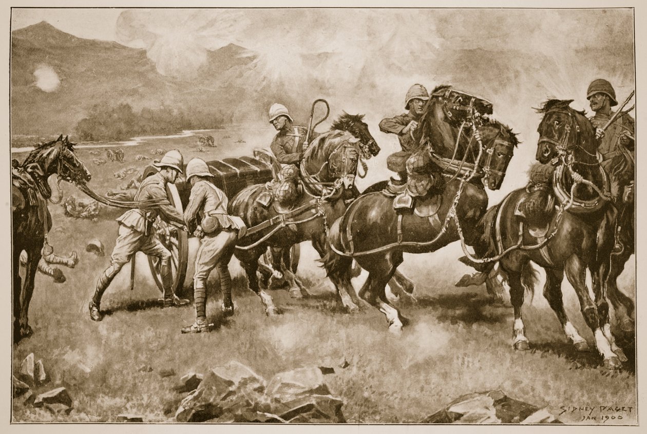 Colenson taistelu - Viimeinen epätoivoinen yritys pelastaa 14. ja 66. patterin aseet, 1900 tekijältä Sidney Paget