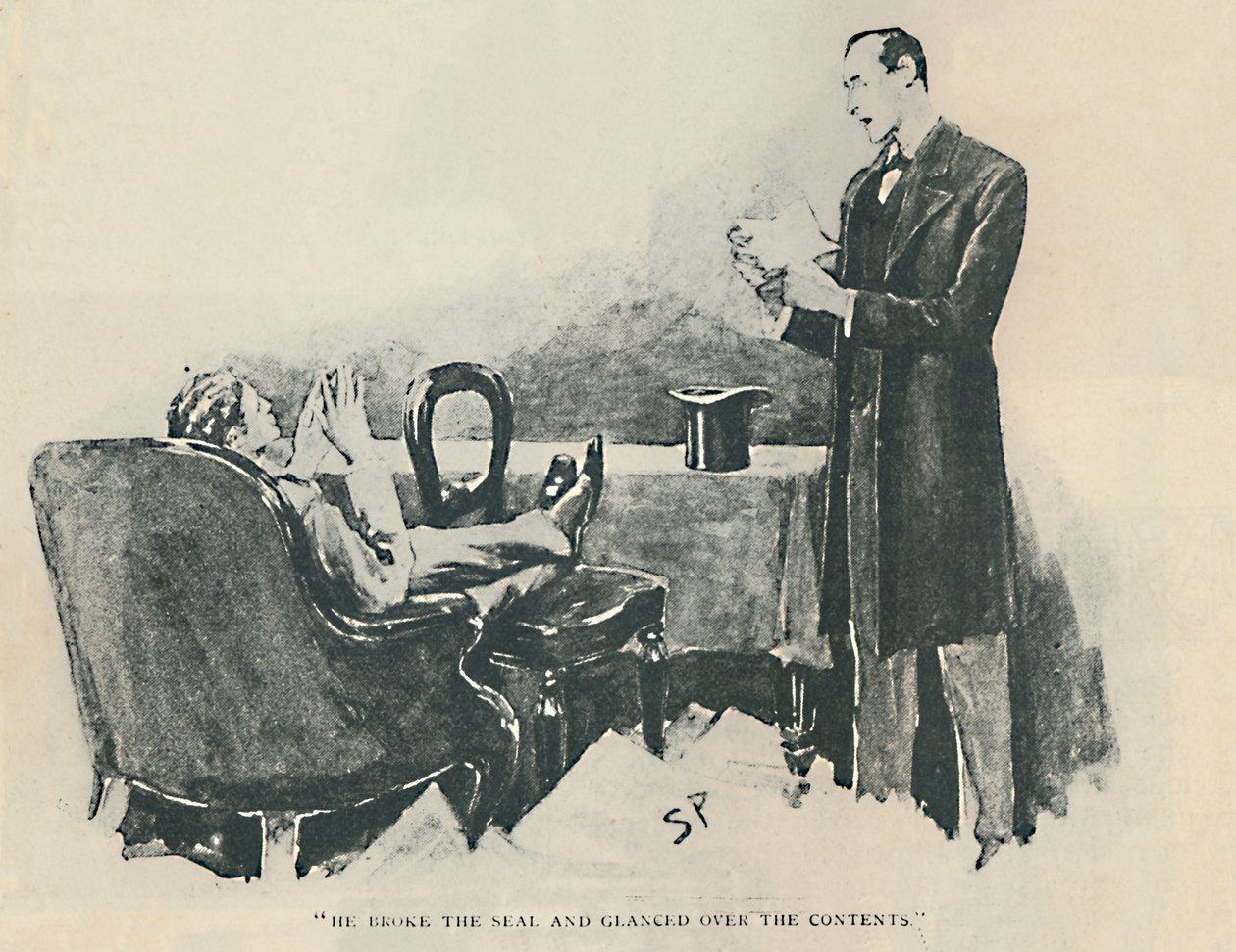 Hän rikkoi sinetin ja vilkaisi sisältöä, 1892 tekijältä Sidney Paget