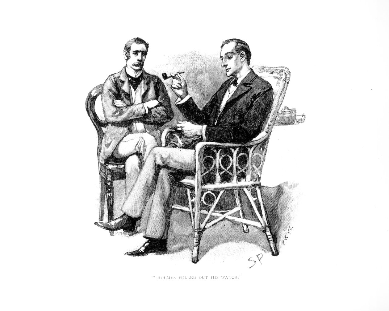"Holmes veti ulos kellonsa", kuvitus Arthur Conan Doylen (1859-1930) kirjasta "The Greek Interpreter", julkaistu Strand Magazinessa syyskuussa 1893 tekijältä Sidney Paget