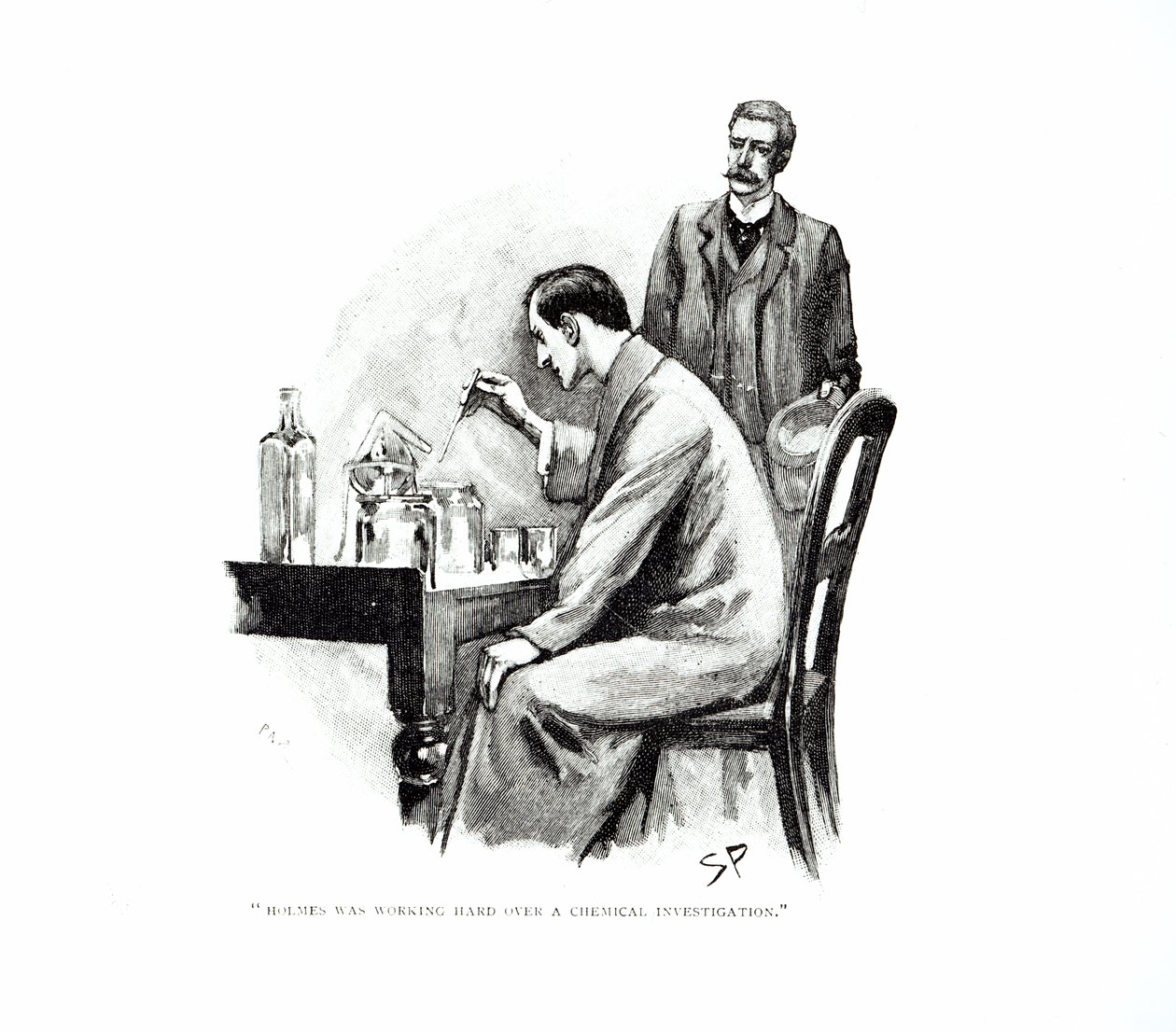 "Holmes was Working Hard Over a Chemical Investigation", kuvitus "The Naval contract" -lehdelle, Arthur Conan Doyle (1859-1930), julkaistu Strand Magazinessa, loka- ja marraskuussa 1893. tekijältä Sidney Paget