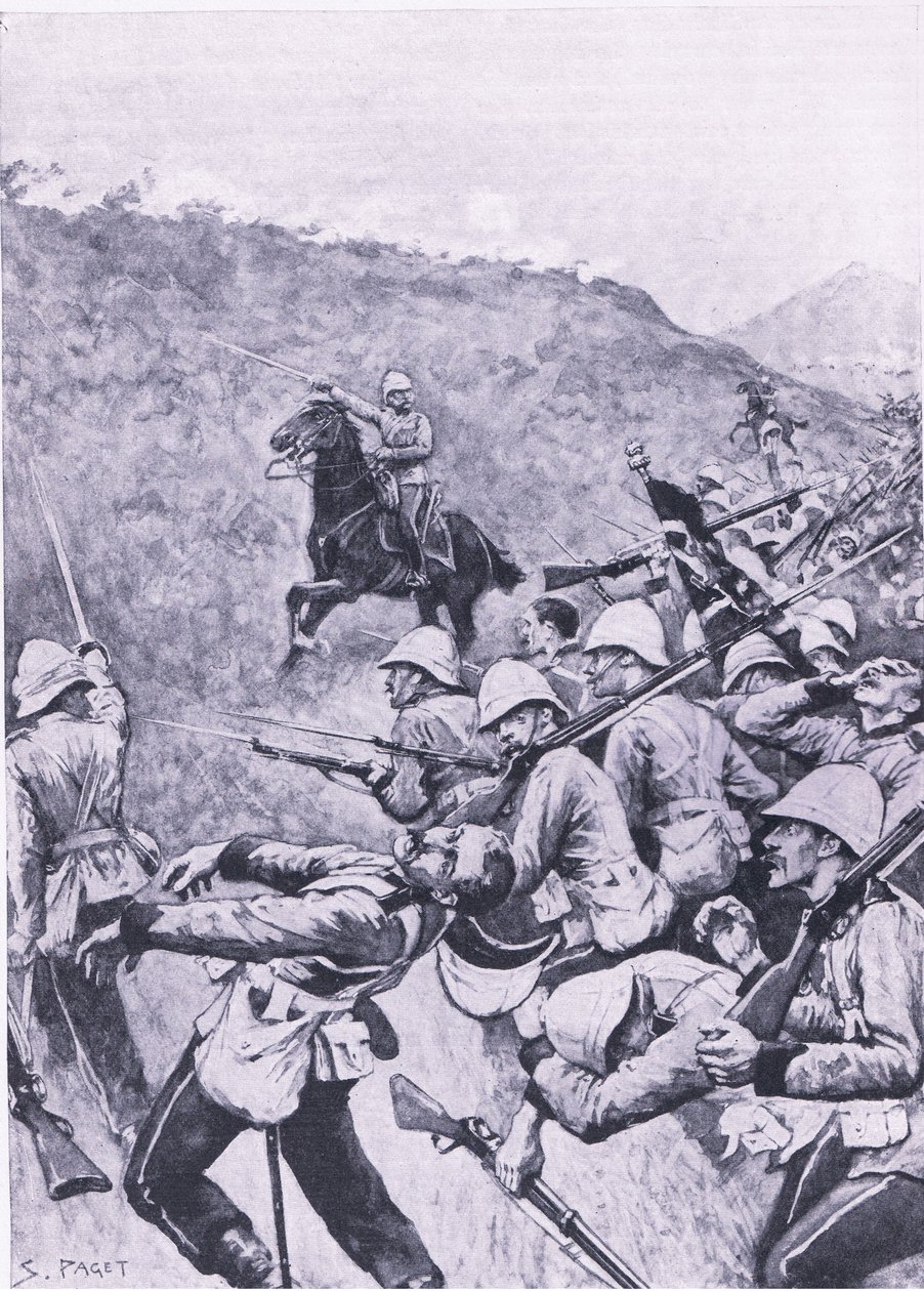 Langs Nek, 28. tammikuuta 1881 (1. buurisota), kuvitus brittiläisistä taisteluista maalla ja merellä, 1915 tekijältä Sidney Paget