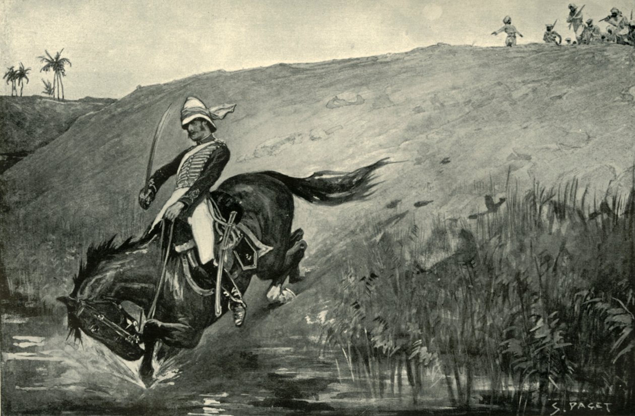 Luutnantti Robertsin kapea pako alkuperäisasukkaiden takaa-ajon aikana lähellä Lucknowia, 1901. tekijältä Sidney Paget