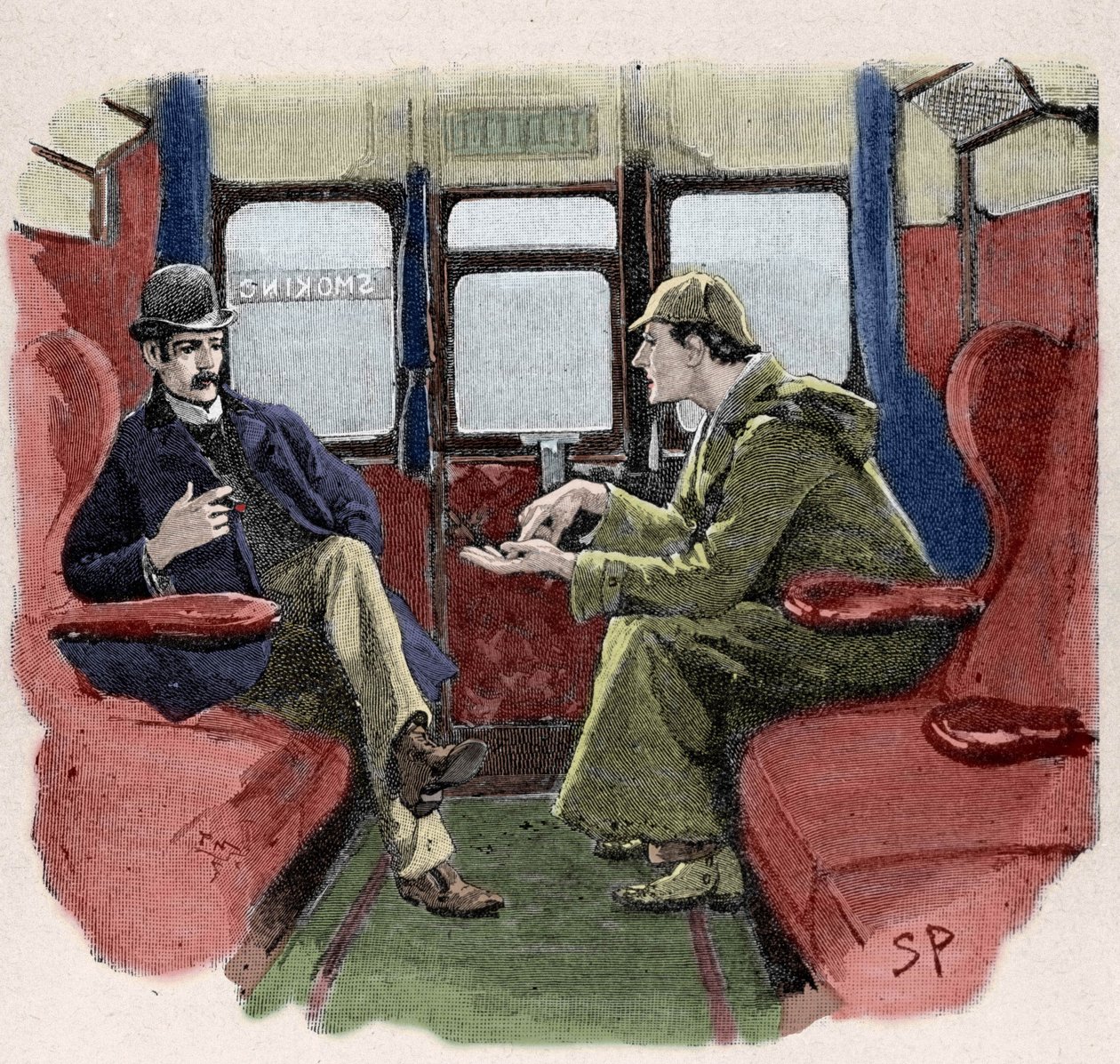 Silver Blaze: Sydney Pagetin esimerkki Sherlock Holmesin seikkailusta. Kuuluisa etsivä on edustettuna tohtori Watsonin kanssa junassa. Julkaistu "The Strand Magazinessa". Conan Doylen uutiset. 1892. tekijältä Sidney Paget