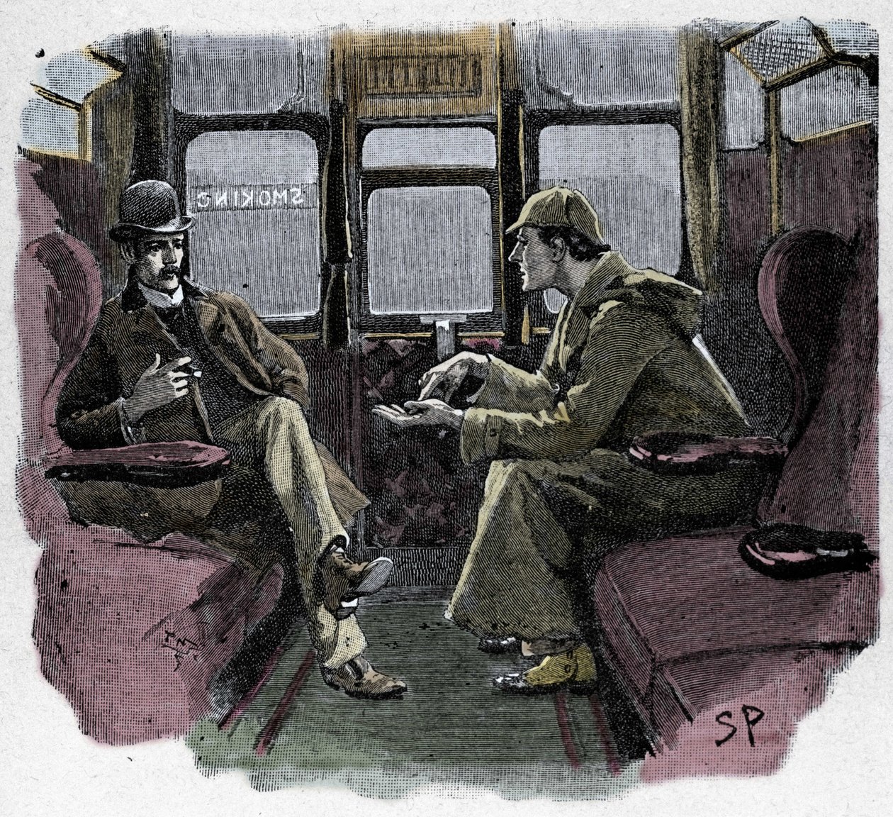 Silver Blaze: Sydney Pagetin esimerkki Sherlock Holmesin seikkailusta. Kuuluisa etsivä on edustettuna tohtori Watsonin kanssa junassa. Julkaistu "The Strand Magazinessa". Conan Doylen uutiset. 1892. tekijältä Sidney Paget