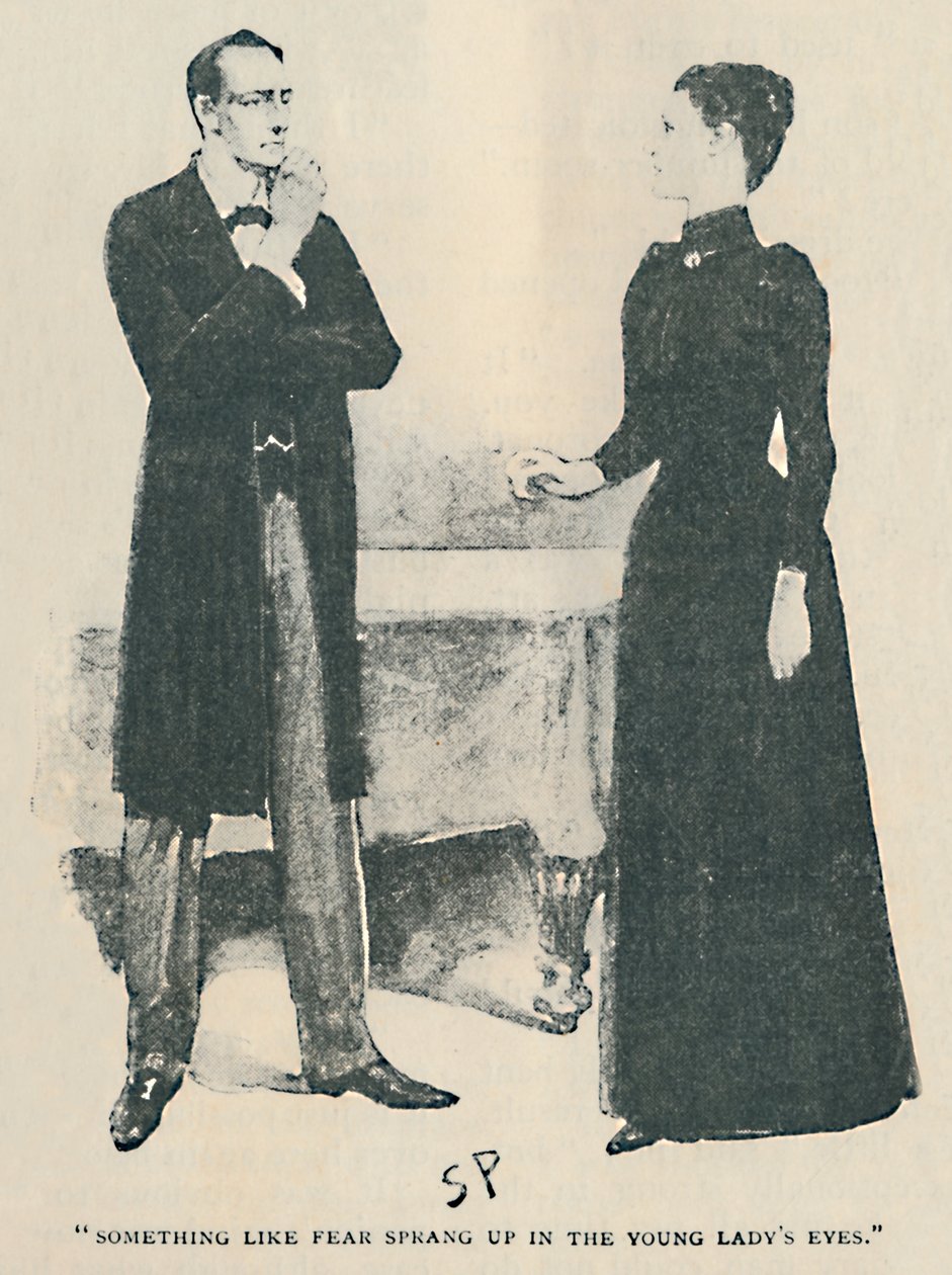 Jotain pelon kaltaista nousi nuoren naisen silmiin, 1892 tekijältä Sidney Paget