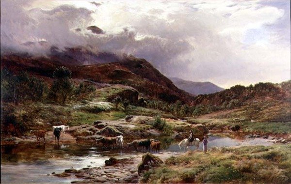Vuoristoinen jokikohtaus, jossa karja etualalla (öljy) tekijältä Sidney Richard Percy
