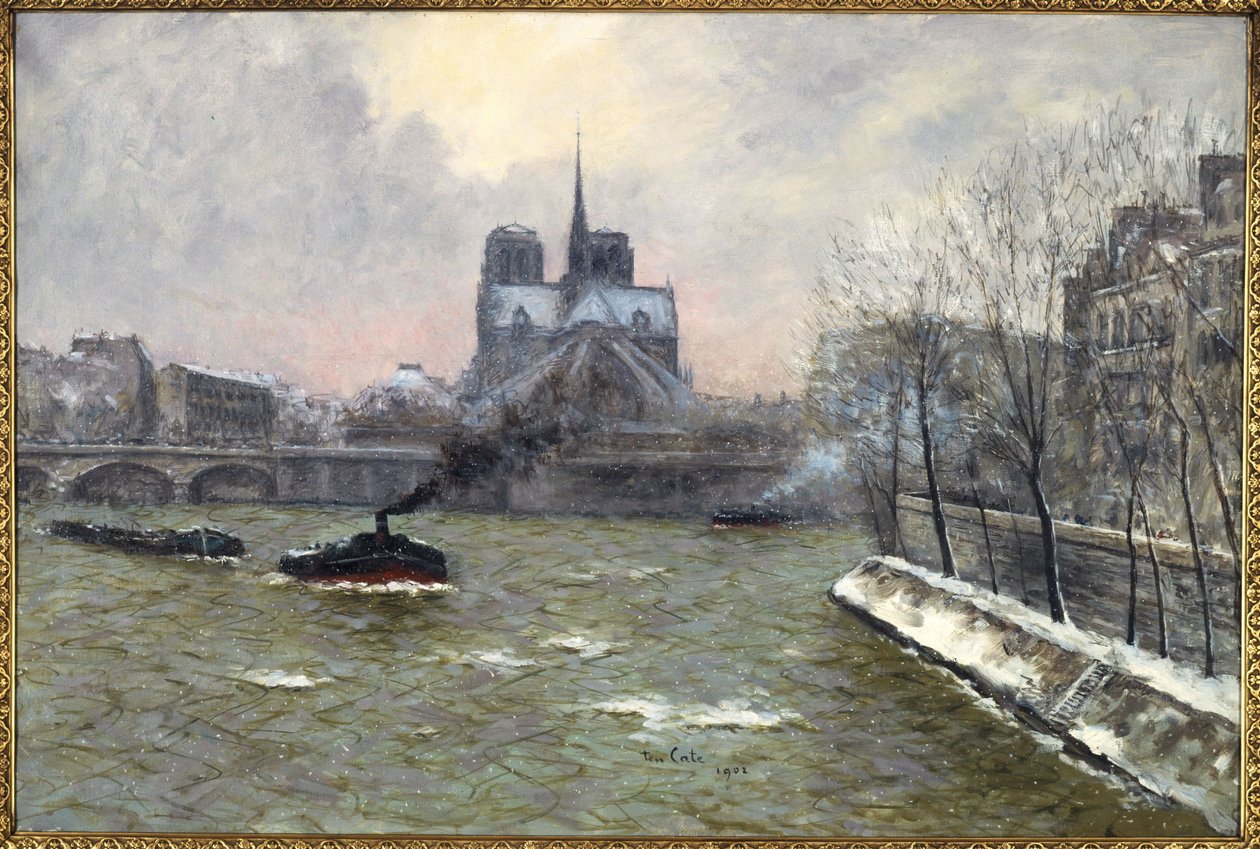 Notre-Damen kappeli Pont de la Tournellesta katsottuna, lumisateessa. tekijältä Siebe Johannes Ten Kate