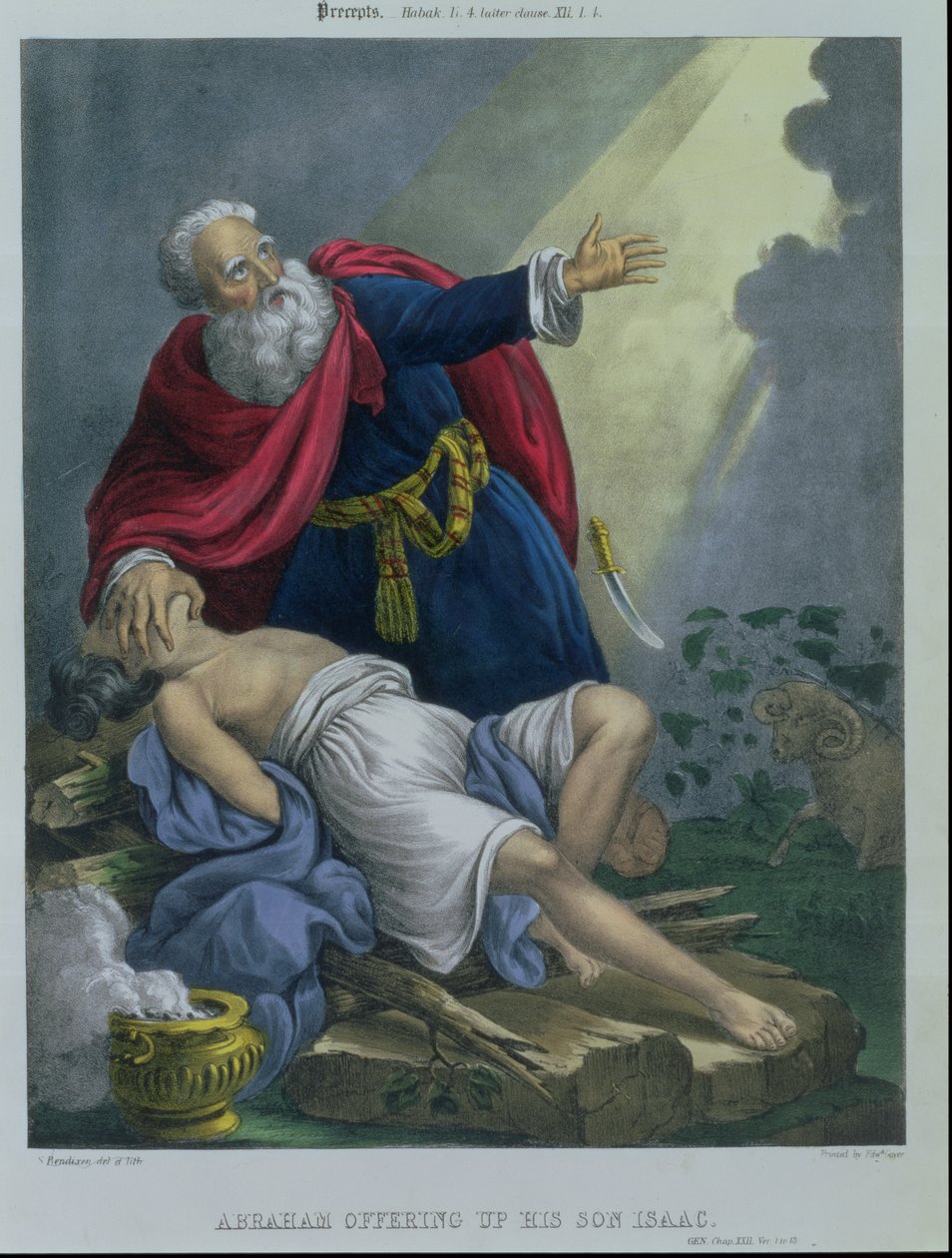 Abraham uhraa poikaansa Iisakin, Edward Goverin painamasta Raamatusta, 1870-luku tekijältä Siegfried Detler Bendixen