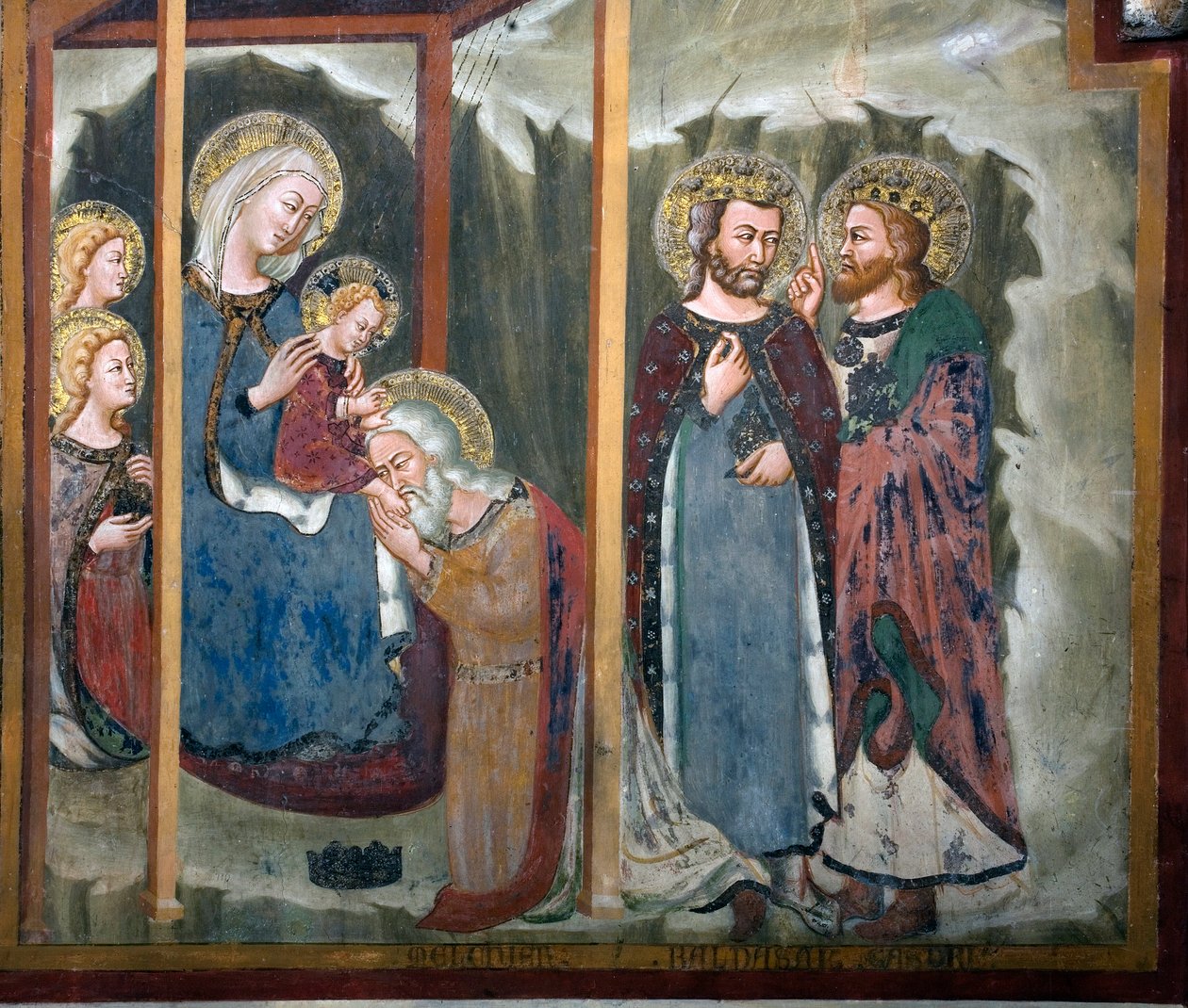 Sienan koulun taikafreskon palvonta. 1300-luvulla. Neitsyt kappeli. Pyhän Benedetton luostari (Sacro Speco), Subiaco (Rooma), Italia tekijältä Sienese School