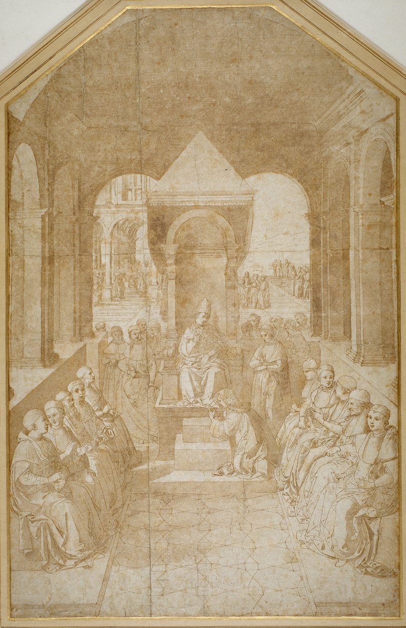 Aeneas Piccolomini suutelee paavi Eugeniuksen tossua Pinturicchion jälkeen (kynä ja ruskea muste pesulla paperille) tekijältä Sienese School