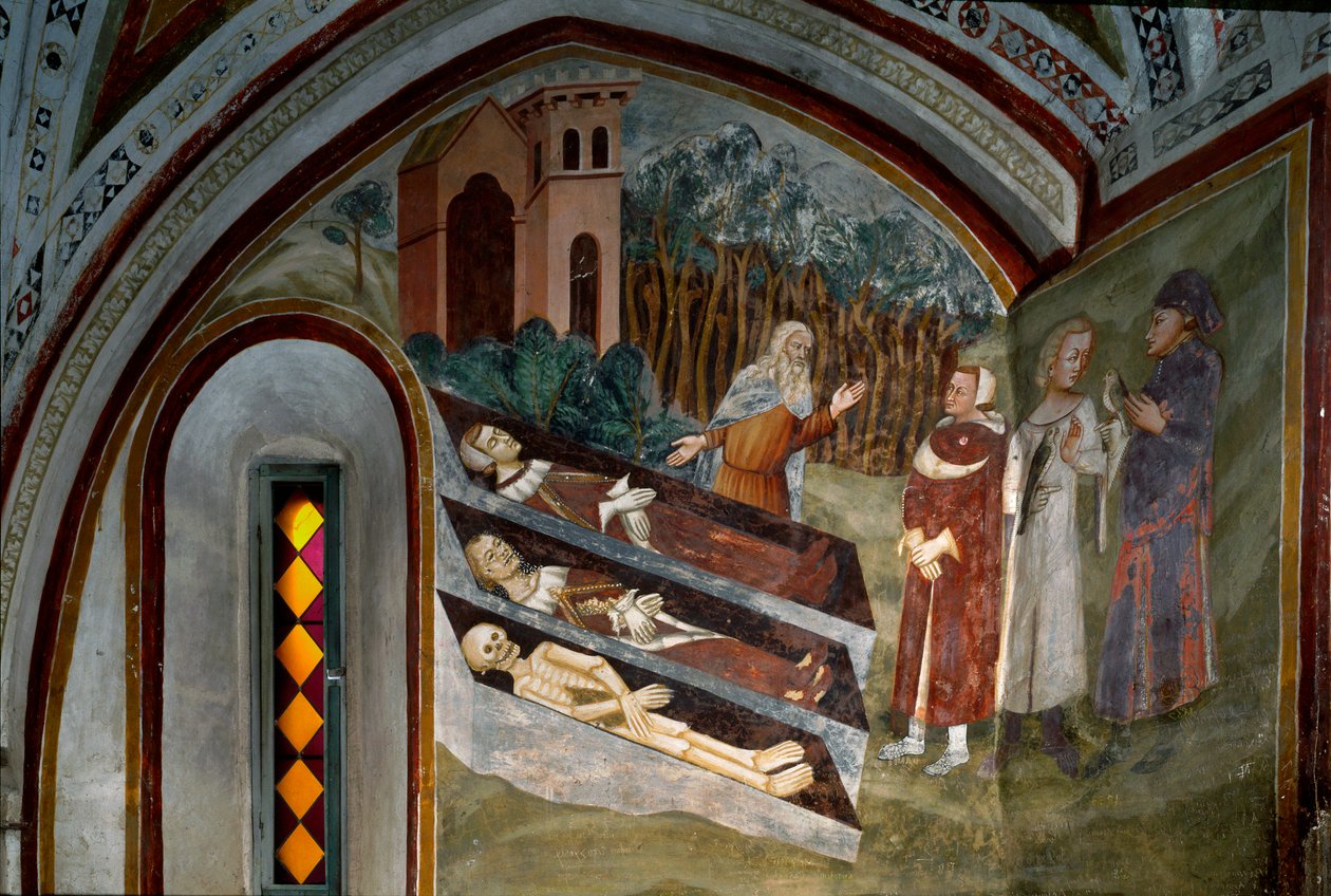 Kuolleiden tapaaminen elävien kanssa Sienan koulun freskon yksityiskohta. 1300-luvulla. Saint Benoitin luostari (Sacro Speco), portaikko, Subiaco (Rooma), Italia tekijältä Sienese School