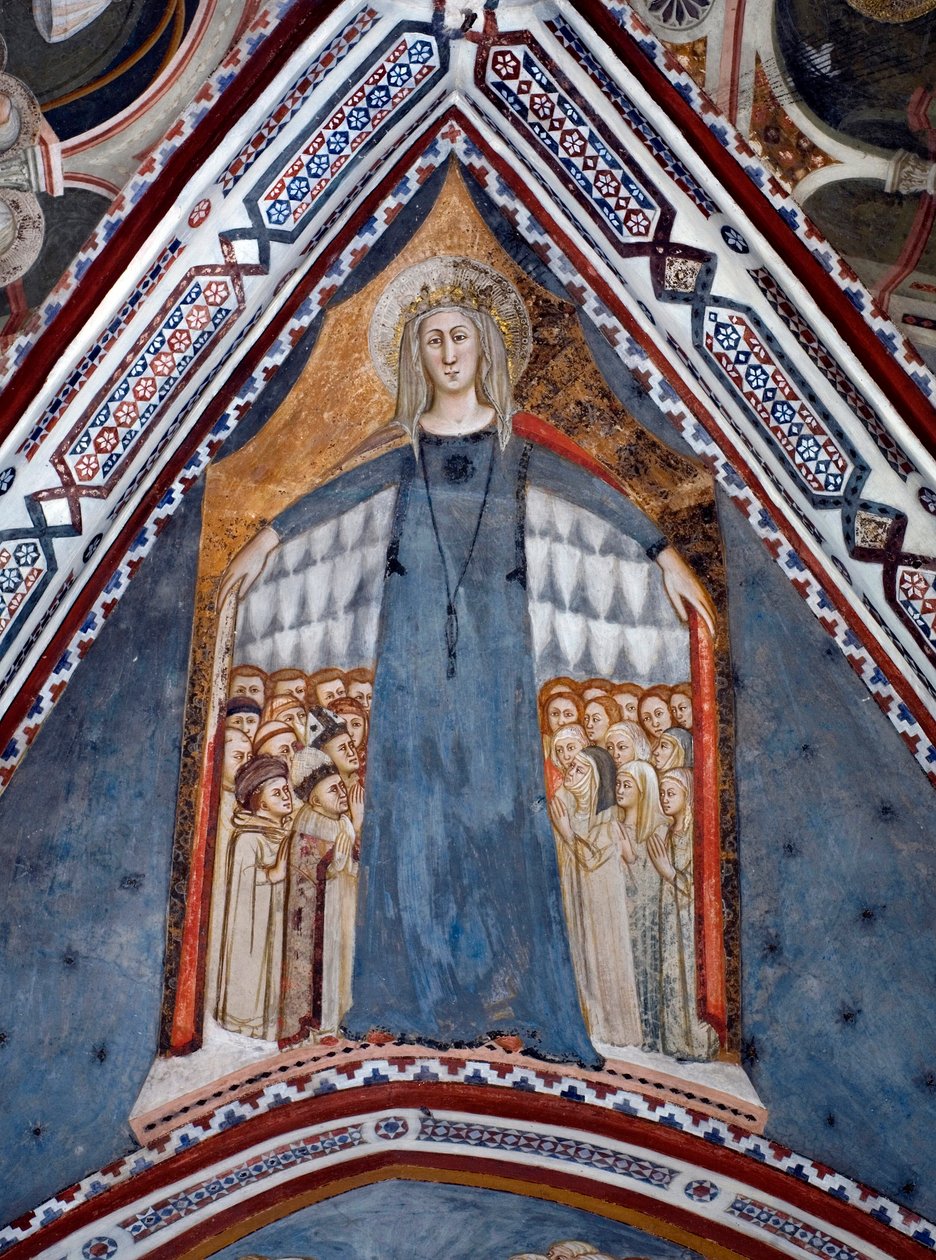 Neitsyt Marian kirkon äidin esitys Sienan koulun 1300-luvun fresko Neitsyt Marian kappelista - St. Benedetton luostari (Sacro Speco), Subiaco (Rooma), Italia tekijältä Sienese School