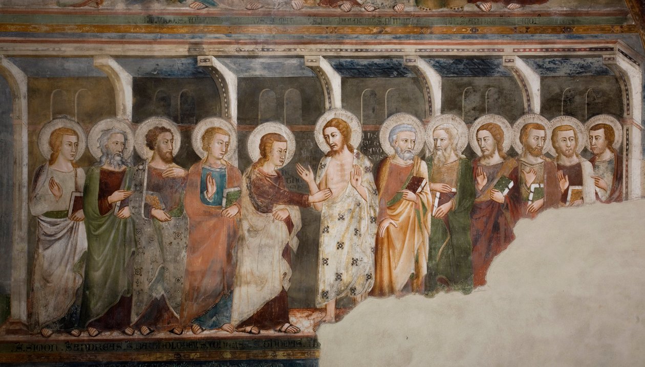 Sienan koulun apostoli Thomas Frescon epäuskoinen. 1300-luvulla. Ylempi kirkko. Pyhän Benedetton luostari (Sacro Speco), Subiaco (Rooma), Italia tekijältä Sienese School
