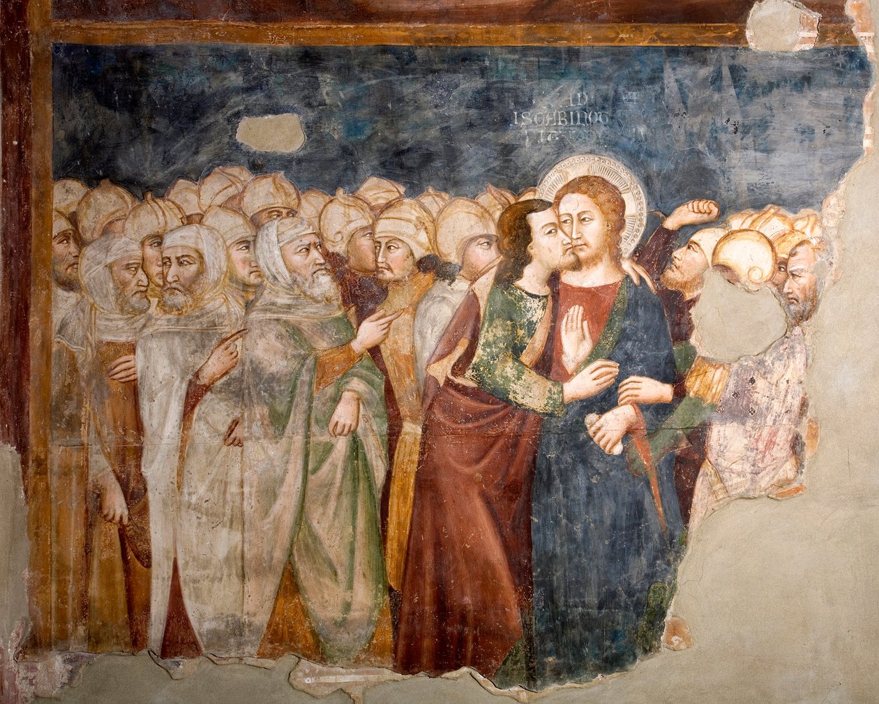 Sienan koulun Judas Frescon suudelma. 1300-luvulla. Ylempi kirkko. Pyhän Benedetton luostari (Sacro Speco), Subiaco (Rooma), Italia tekijältä Sienese School