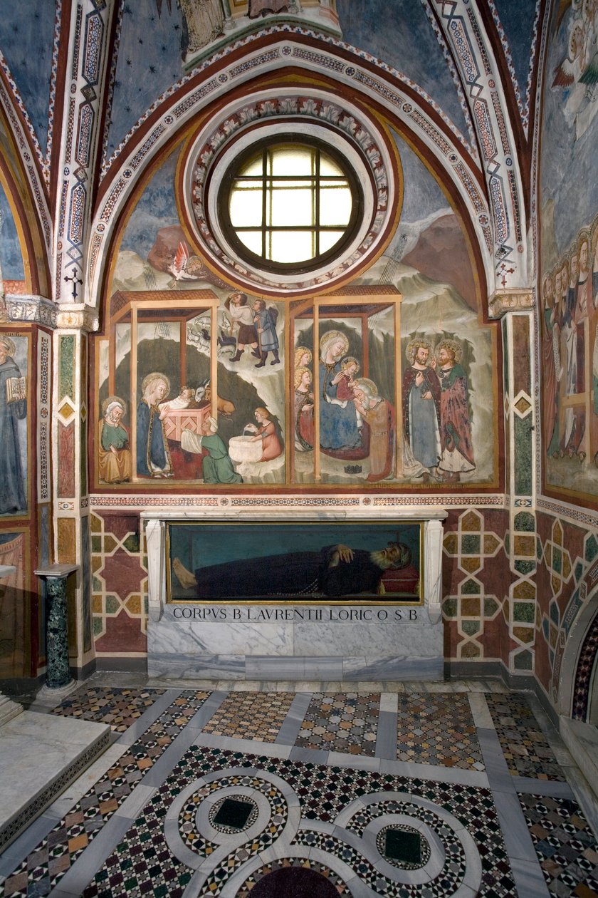 Sienan Magi Fresco Schoolin syntymä ja palvonta. 1300-luvulla. Neitsyt kappeli. Pyhän Benedetton luostari (Sacro Speco), Subiaco (Rooma), Italia tekijältä Sienese School