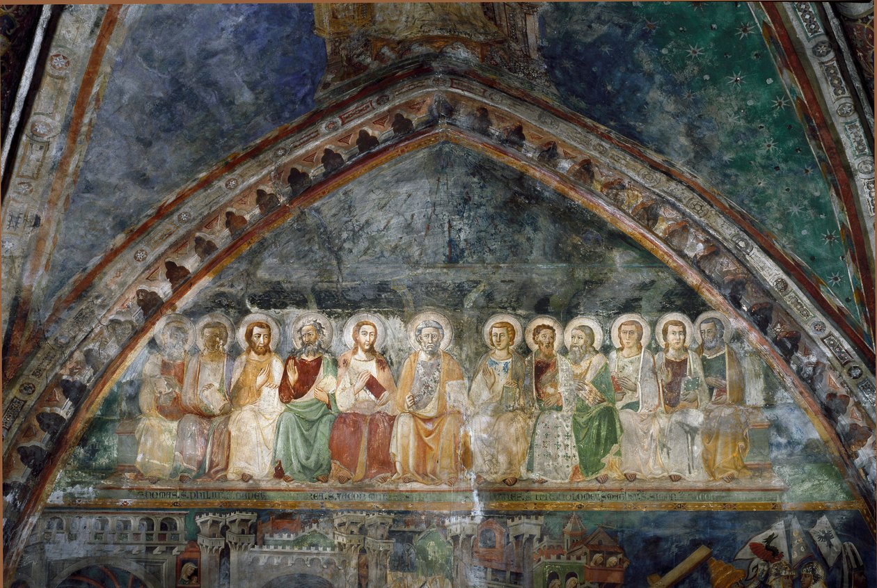 Kaksitoista apotrea Sienan koulun freskon yksityiskohta. 1300-luvulla. Pyhän Benedictuksen luostari (Sacro Speco), Superior kirkko Subiacossa (Rooma), Italia tekijältä Sienese School