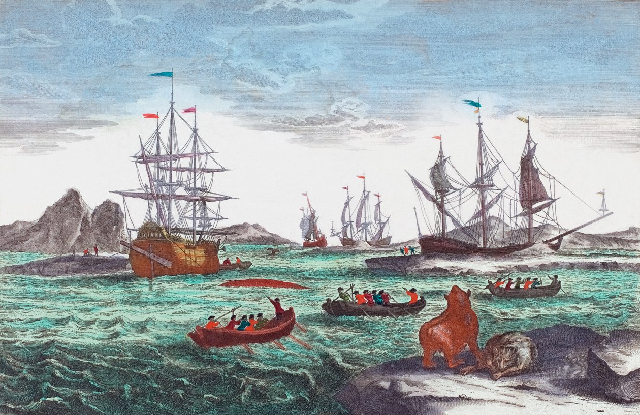 Valaanpyyntilaivasto Grönlannin edustalla 1700-luvulla (kaiverrus) tekijältä Sieuwert van der Meulen