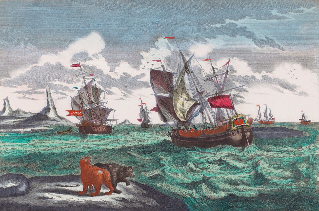 Valaanpyyntilaivasto Grönlannin edustalla 1700-luvulla (kaiverrus) tekijältä Sieuwert van der Meulen